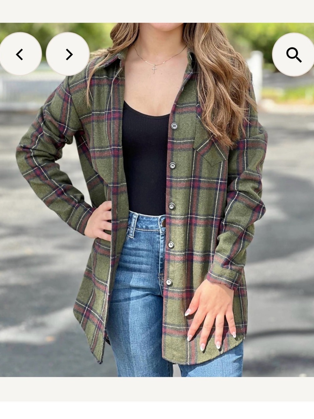 ADORA Olive Plaid Button-Front Shacket with Burgundy Accents